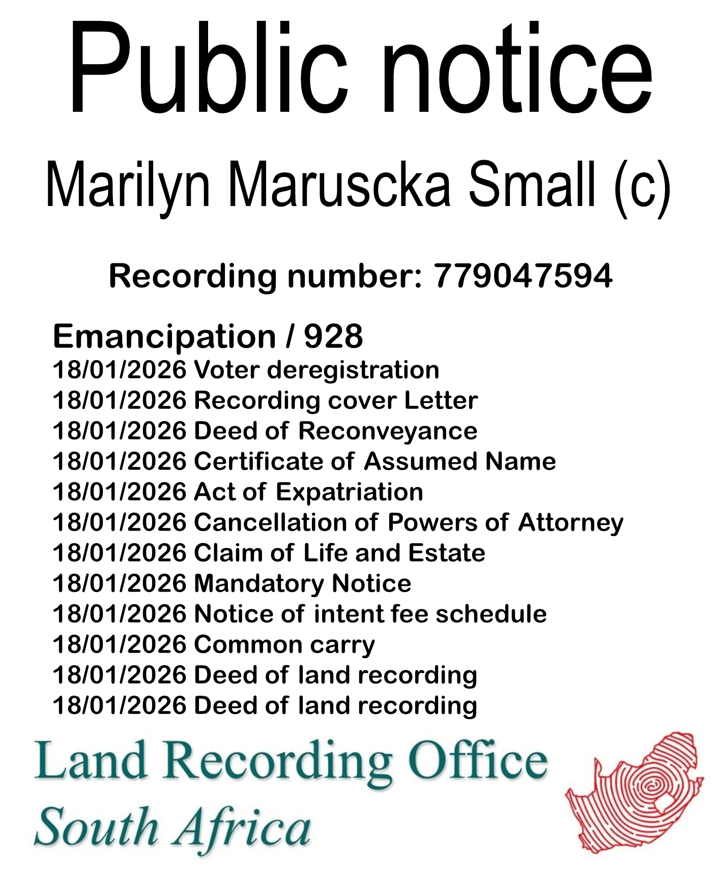 Public notice Marilyn Maruscka Small Recording number 779047594
